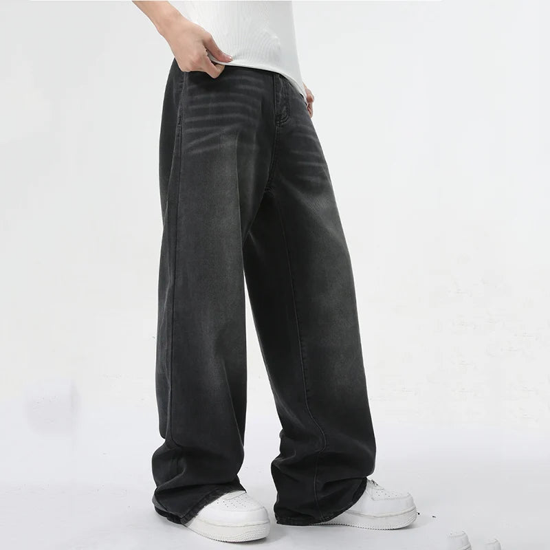 Men's Jeans Summer New Fashion American Style Black-gray Straight Leg Loose Denim Pants Simple Bottoms Menwear 9C5900