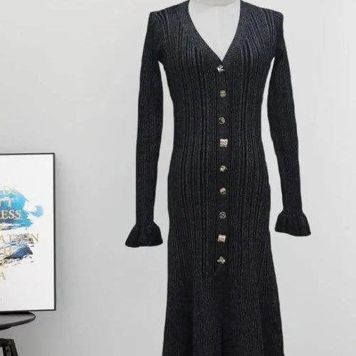 Load image into Gallery viewer, Autumn Winter Black V Neck Single Breasted Knitted Dress For Women French 2024 New Beige Elegant Long Sleeve Fishtail Dress Chic
