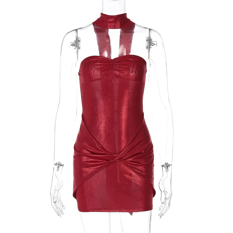 Halter Strapless Ruched Sexy Mini Dress For Women Robe Fashion Solid Off-shoulder Backless Sleeveless Club Dress New