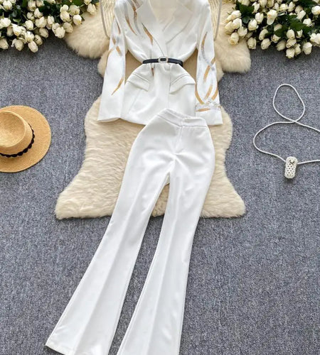 Women Suit 2024 Autumn Winter Black White Diamond Double Breasted Blazer And High-waisted Flared Pants Temperament Two Piece Set