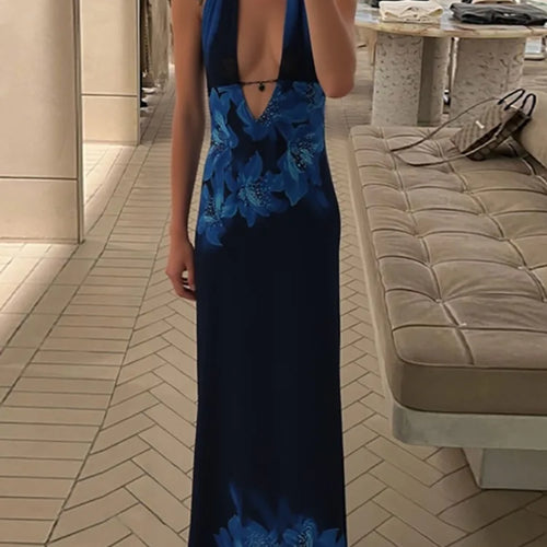 Load image into Gallery viewer, Deep V Neck Print Sexy Maxi Dress Women Gown Blue Halter Sleeveless Backless High Waist Split Long Dress Clubwear
