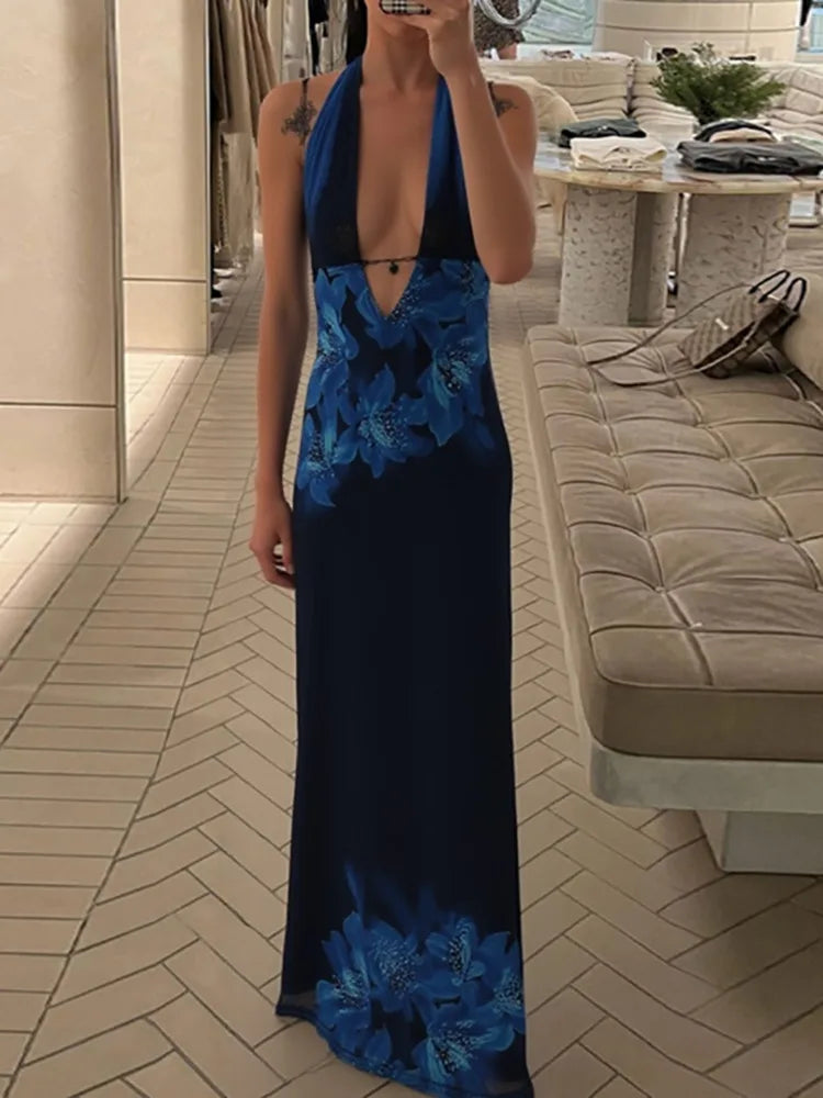 Deep V Neck Print Sexy Maxi Dress Women Gown Blue Halter Sleeveless Backless High Waist Split Long Dress Clubwear