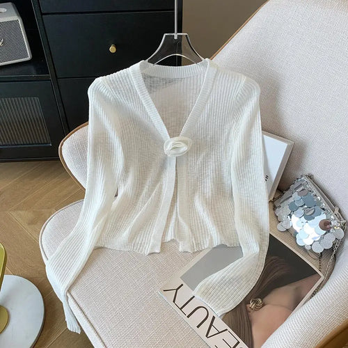Load image into Gallery viewer, 2025 Sping Summer New Women Solid Fashion V-neck Flower Decoration Long Sleeve Cardigan Knitted Tops Sun Protection Clothes Chic
