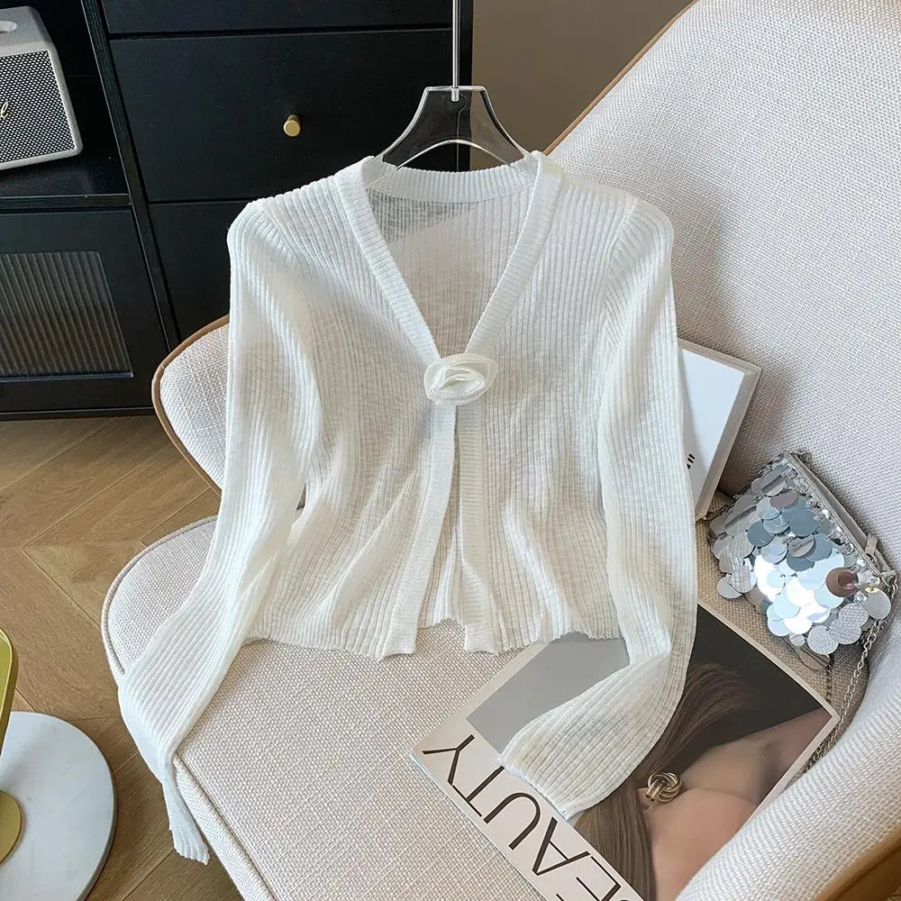 2025 Sping Summer New Women Solid Fashion V-neck Flower Decoration Long Sleeve Cardigan Knitted Tops Sun Protection Clothes Chic