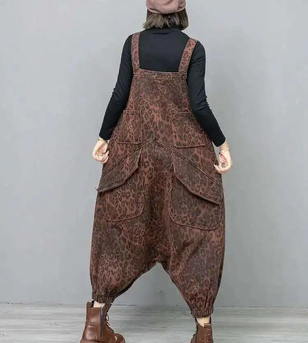High Waist Leopard Print Denim Pocket Big Size Overalls Wide Leg Jeans New Women Fashion Tide Spring Autumn 2025 1DH6428
