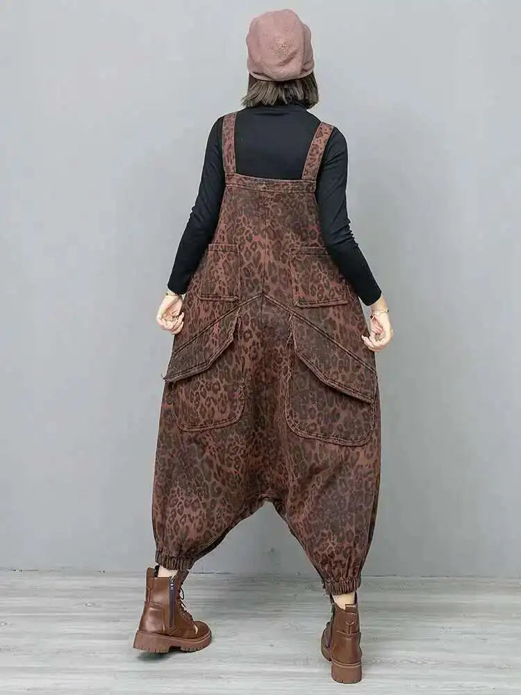 High Waist Leopard Print Denim Pocket Big Size Overalls Wide Leg Jeans New Women Fashion Tide Spring Autumn 2025 1DH6428