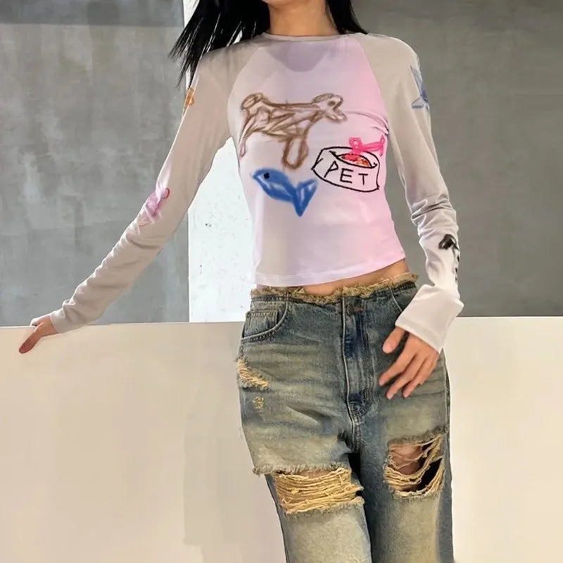 Y2k Graffiti Print T-shirt Korean Style Patchwork Mesh Tops Kpop Fashion Long Sleeve Crop Tops Japanese Harajuku Tshirt
