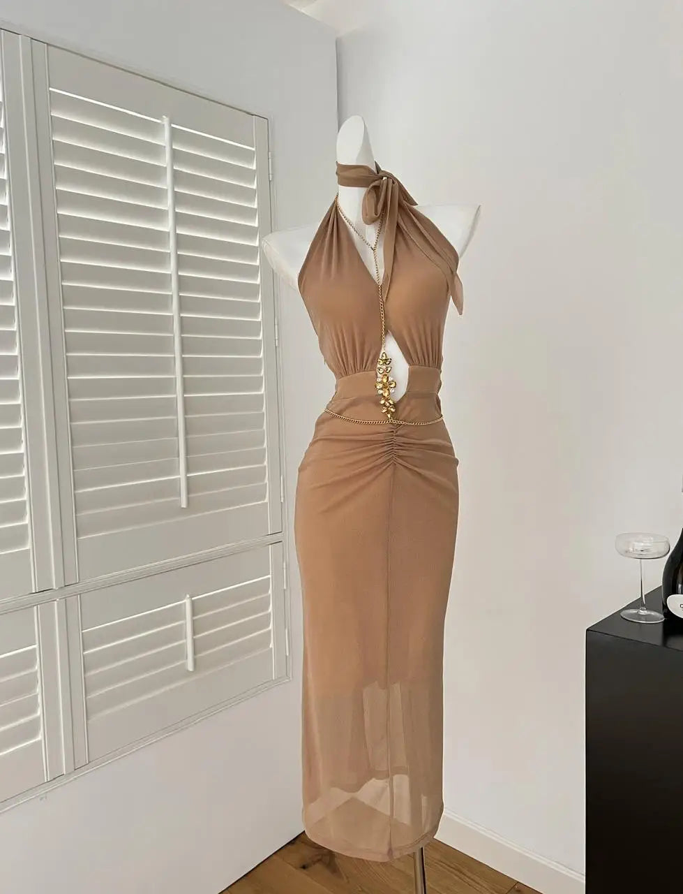 Women Brown High Waist Off Shoulder Hollow Out Backless Halter Long Dress Summer Sexy Elegant Sleeveless Party Evening Dress New