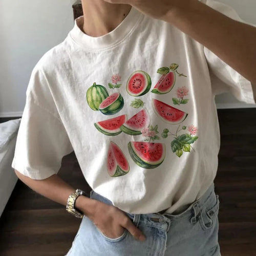 Load image into Gallery viewer, y2k Tees for Women Summer Clothes Casual Fruit Print Round Neck Short Sleeve T Shirts 2000s Tops Clothing Streetwear
