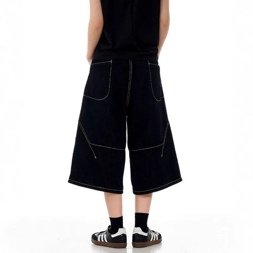 Load image into Gallery viewer, High Street American Style Cropped Jeans Summer Patchwork Handsome Straight Wide Leg Design Shorts Solid Color 9W1714
