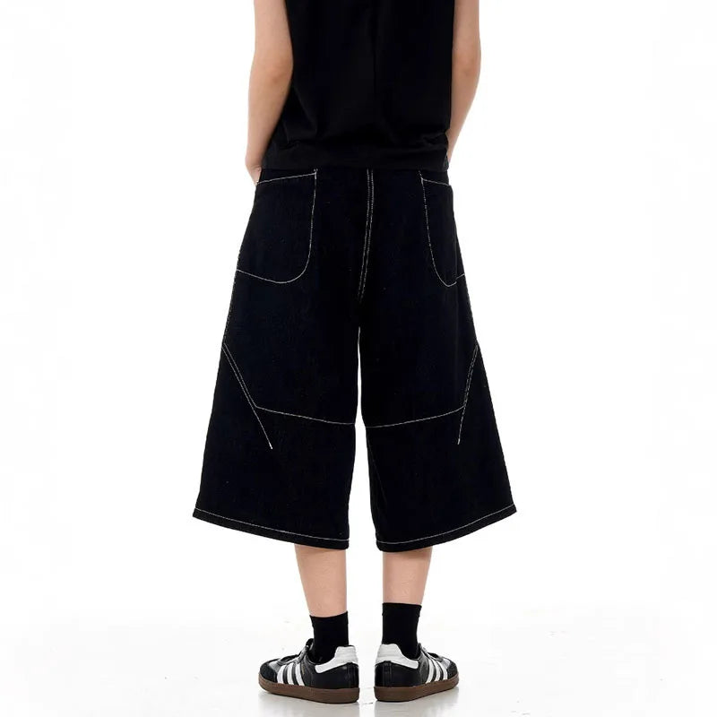 High Street American Style Cropped Jeans Summer Patchwork Handsome Straight Wide Leg Design Shorts Solid Color 9W1714