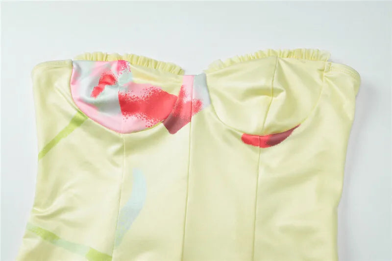 Off-shoulder Strapless Sexy Mini Dress For Women Robe Yellow Sleeveless Backless Ruffled Printed Club Dress Vestido