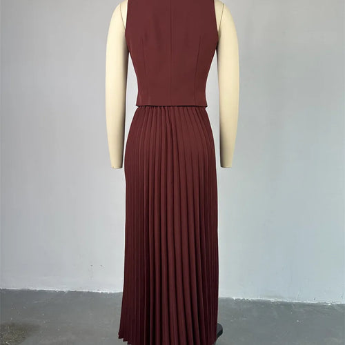 Load image into Gallery viewer, Fashion Skirt Two Piece Sets Women Notched Collar Sleeveless Crop Tops And Midi Skirt Femme Elegant Pleated Skirt Sets
