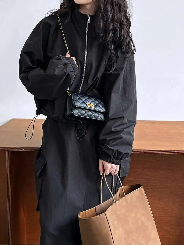 Jacket Drawstring Big Size Half-body Skirt Two Pieces Suit New Stand Collar Women Fashion Spring Autumn 2025 1DH0976