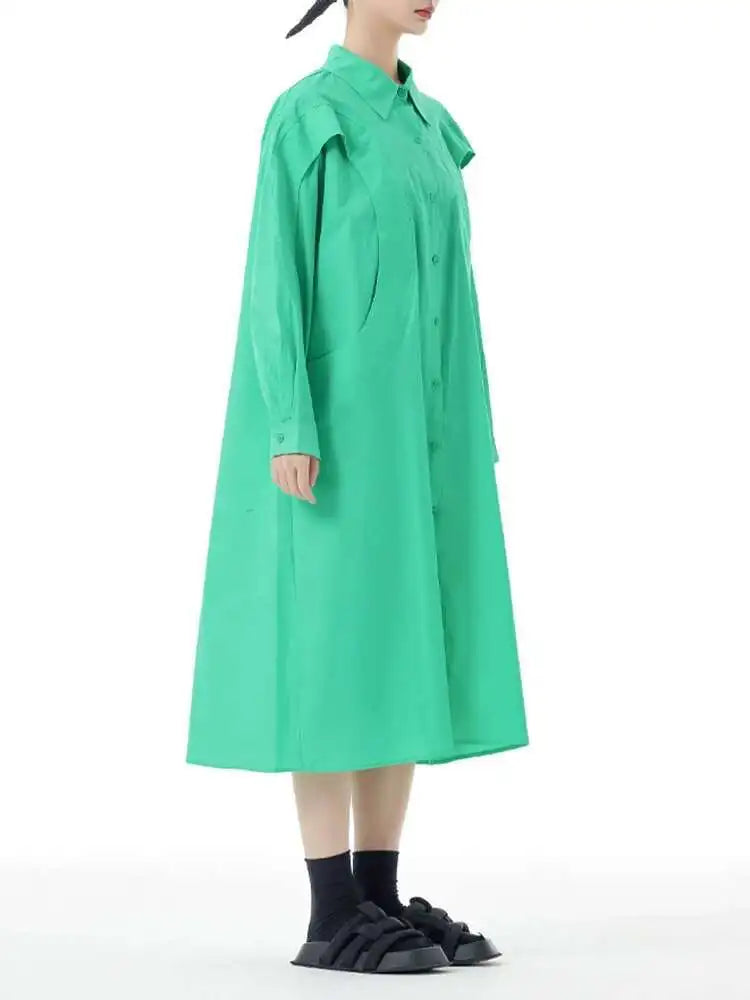 Women Green Rose Red Spliced Big Size Midi Shirt Dress New Lapel Long Sleeve Fashion Tide Spring Autumn 2025 1DH5167
