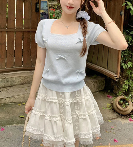 y2k Fairycore Top Women Clothes Solid Color Sqaure Neck Short Sleeve Knitted T Shirt with Bow 2000s Clothing Streetwear
