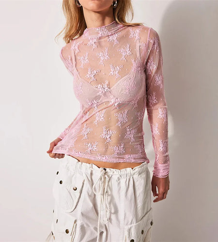 See Through Lace Top Women Sexy Sheer Hollow Out Turtleneck Long Sleeve T Shirt Elegant Ladies Clothing Streetwear