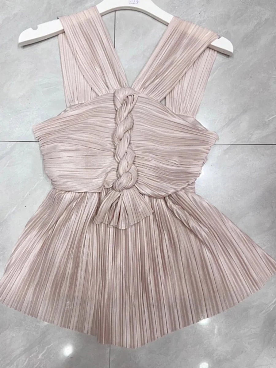 Solid Minimalist Spliced Folds Vest For Women V Neck Sleeveless Tunic Slimming Vests Female Fashion Style Clothes