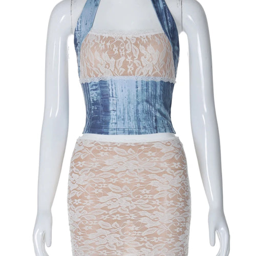 Load image into Gallery viewer, Fashion 2 Pcs Sets Halter Floral Print Patchwork Sexy Crop Tank Top Skirt Summer Women Outfits Beach Festival Club
