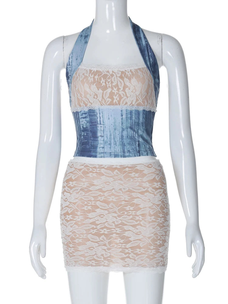 Fashion 2 Pcs Sets Halter Floral Print Patchwork Sexy Crop Tank Top Skirt Summer Women Outfits Beach Festival Club