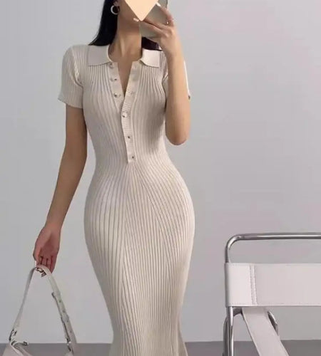 French Fashion Women's Solid Short Sleeved Office Lady Knitted Long Dress Summer Single Breasted Slim Wrap Hip Fishtail Dresses