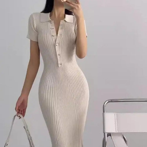 Load image into Gallery viewer, French Fashion Women's Solid Short Sleeved Office Lady Knitted Long Dress Summer Single Breasted Slim Wrap Hip Fishtail Dresses
