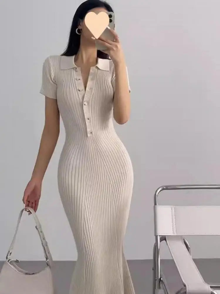 French Fashion Women's Solid Short Sleeved Office Lady Knitted Long Dress Summer Single Breasted Slim Wrap Hip Fishtail Dresses