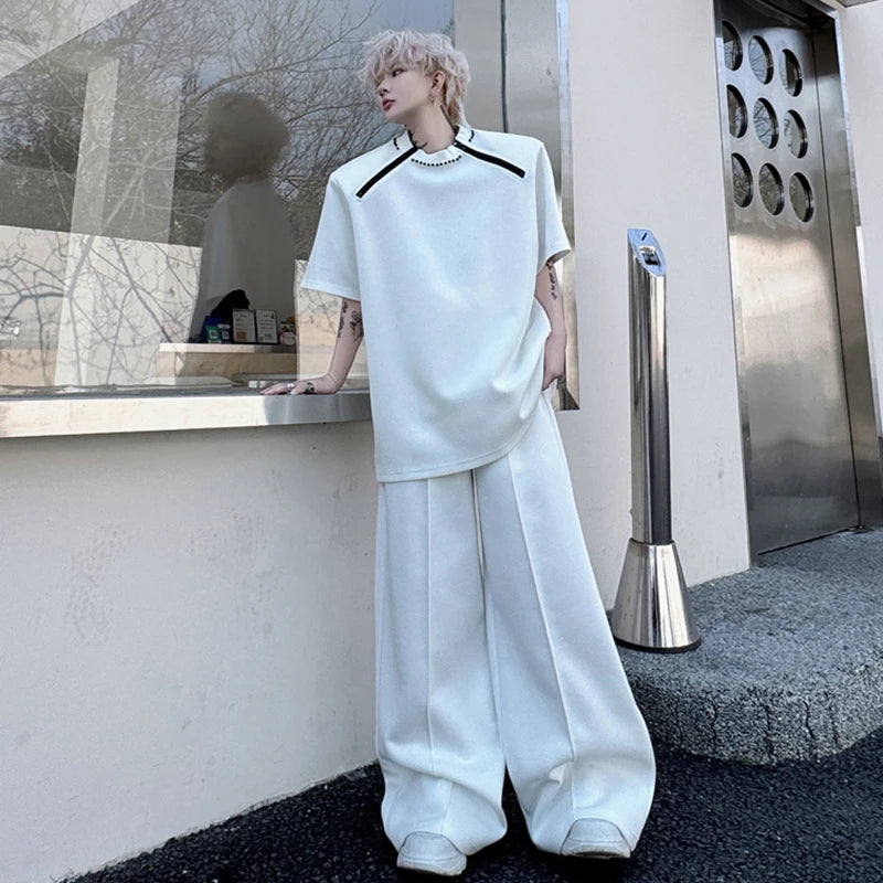 Men's Pants Set New Summer Contrast Colors Rivet Zipper Design Short Sleeved Sweatshirt Casual Straight Leg Pants 9W1798