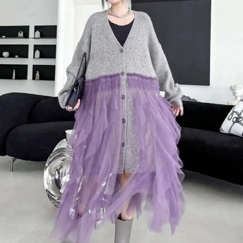 Load image into Gallery viewer, Women Black Big Size Knitting Mesh Irregular Sweater Dress New V-Neck Long Sleeve Fashion Spring Autumn 2025 1DH2366
