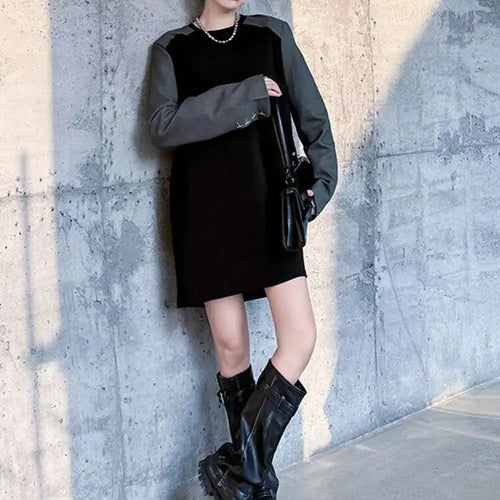 Load image into Gallery viewer, Women Black Color-block Blazer Fabric Elegant Mini Dress New Round Neck Long Sleeve Fashion Spring Autumn 2025 1DH9822
