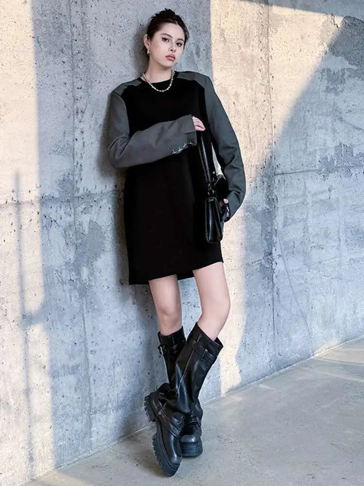 Women Black Color-block Blazer Fabric Elegant Mini Dress New Round Neck Long Sleeve Fashion Spring Autumn 2025 1DH9822