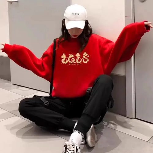 Load image into Gallery viewer, Autumn Winter New Red Letter Print Round Neck Velvet Sweatshirt Thick Korean Women's Loose Long Sleeved Vacation Cotton Tops Y2k
