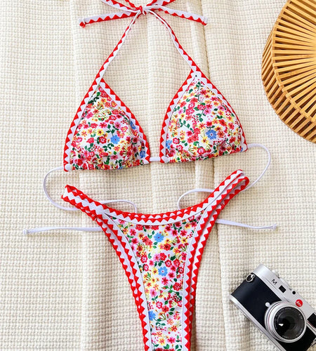 Flower Printed Halter Strappy High Cut Bikini Set Female Swimsuit Women Swimwear Floral Bathing Suit for Women