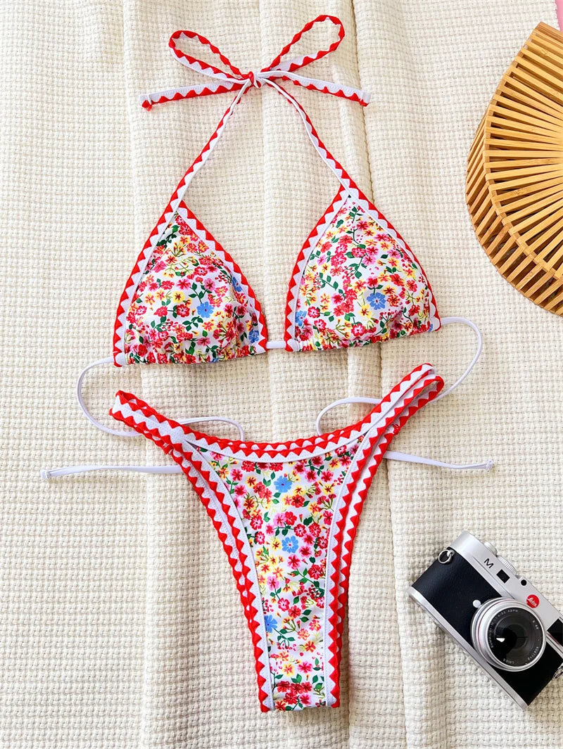 Flower Printed Halter Strappy High Cut Bikini Set Female Swimsuit Women Swimwear Floral Bathing Suit for Women