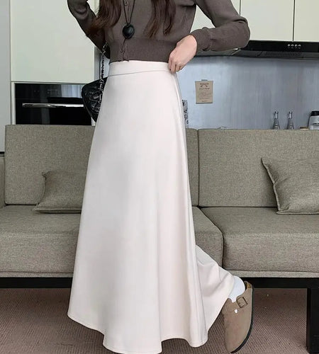 Autumn Winter Solid Large Size Woolen Long Skirt Women Fashion Korean Ladies High Waist Festival Pleated A-line Skirt Simplicity