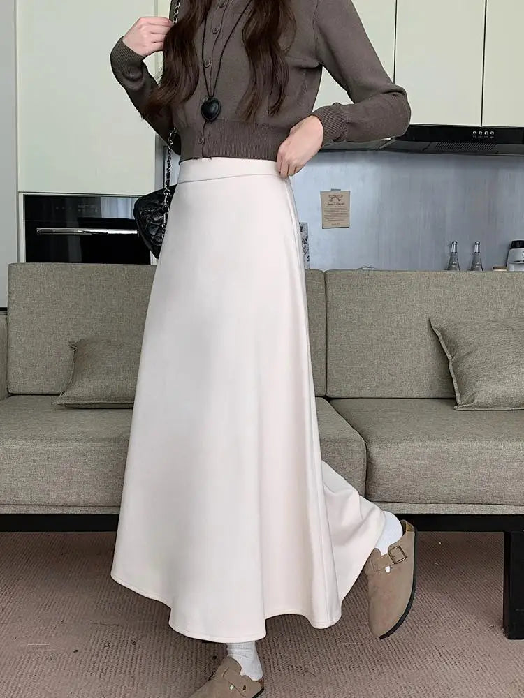 Autumn Winter Solid Large Size Woolen Long Skirt Women Fashion Korean Ladies High Waist Festival Pleated A-line Skirt Simplicity