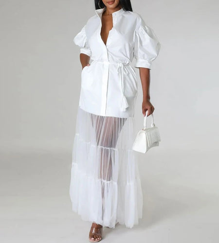Elegant See-through Patchwork Chic Maxi Dress Woman 2025 Summer Puff Sleeves White Long Dresses Fit party birthday