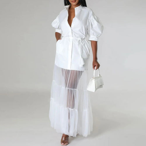 Load image into Gallery viewer, Elegant See-through Patchwork Chic Maxi Dress Woman 2025 Summer Puff Sleeves White Long Dresses Fit party birthday
