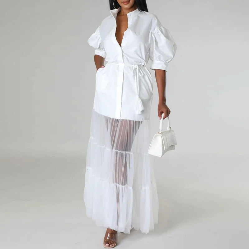 Elegant See-through Patchwork Chic Maxi Dress Woman 2025 Summer Puff Sleeves White Long Dresses Fit party birthday
