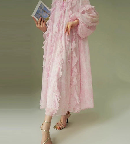 Pink Printing Spliced Fungus Folds Elelgant Dresses for Women V Neck Long Sleeves Patchwork Lace Up Dress Female