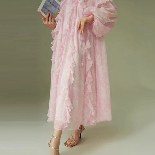 Load image into Gallery viewer, Pink Printing Spliced Fungus Folds Elelgant Dresses for Women V Neck Long Sleeves Patchwork Lace Up Dress Female
