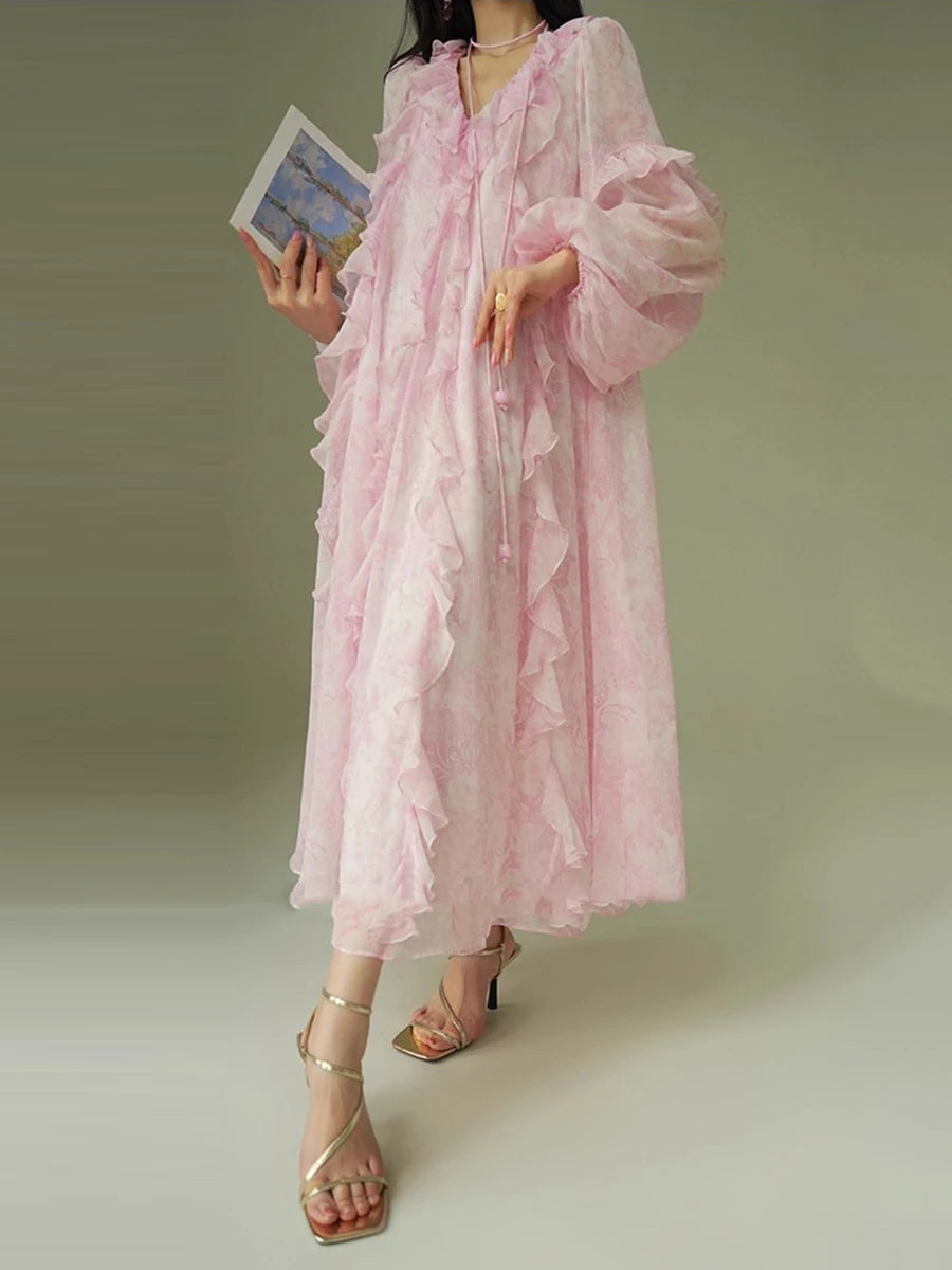 Pink Printing Spliced Fungus Folds Elelgant Dresses for Women V Neck Long Sleeves Patchwork Lace Up Dress Female