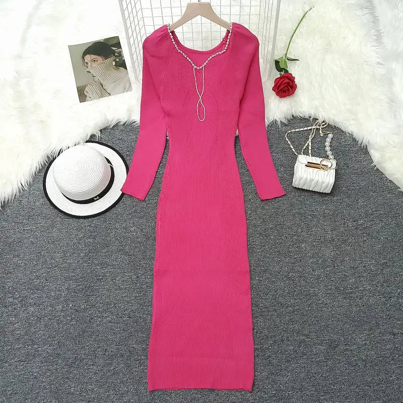 Autumn Winter Women's Solid Diamond Temperament Long Sleeved Dress French Square Neck Office Lady Knitwear Dress 2024 Simplicity