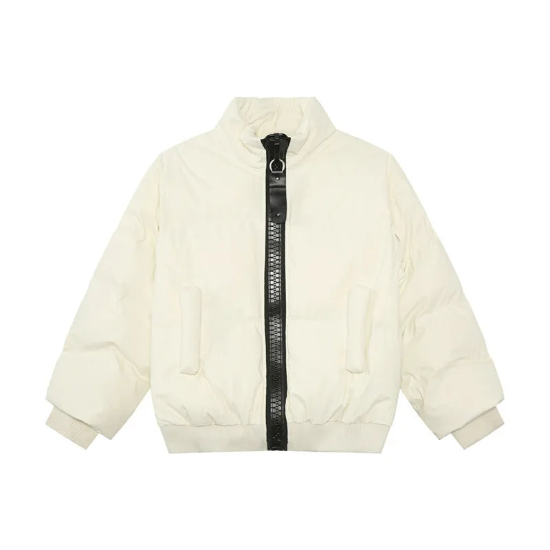 Korean Style Men's Padded Jackets Stand Collar Big Zipper PU Leather Solid Color Thickened Loose Male Cotton Coats 9C9345