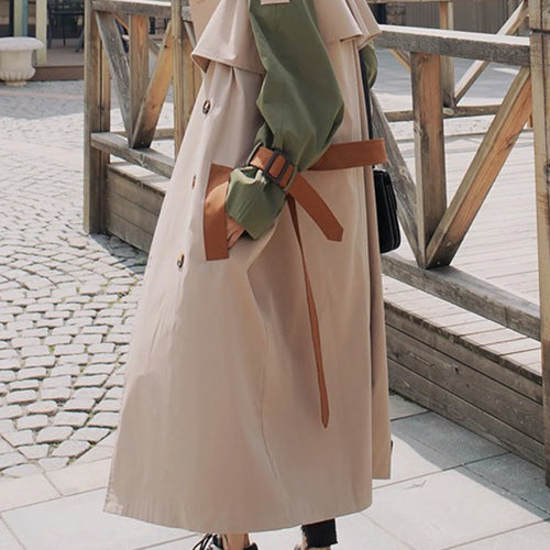 Load image into Gallery viewer, Women Khaki Color-block Belted Big Size Trench New Lapel Long Sleeve Windbreaker Fashion Tide Spring Autumn 2025 2DA1718
