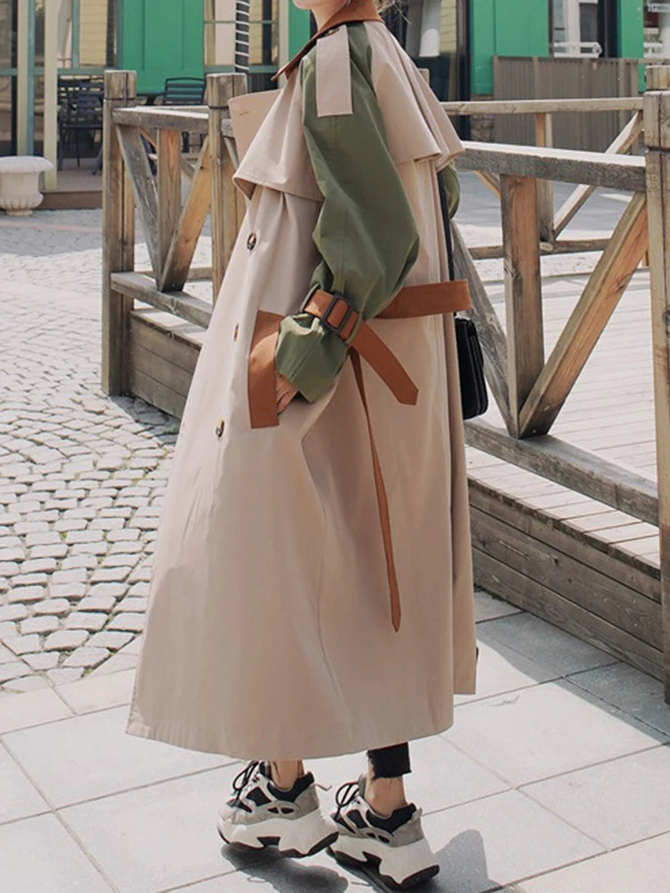 Women Khaki Color-block Belted Big Size Trench New Lapel Long Sleeve Windbreaker Fashion Tide Spring Autumn 2025 2DA1718