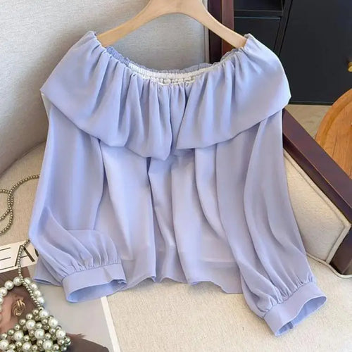 Load image into Gallery viewer, Spring Women White Off Shoulder Long Sleeve Blouse Retro French Blue Elegant Ruffle Edge Holiday Shirt Loose Short Top Versatile
