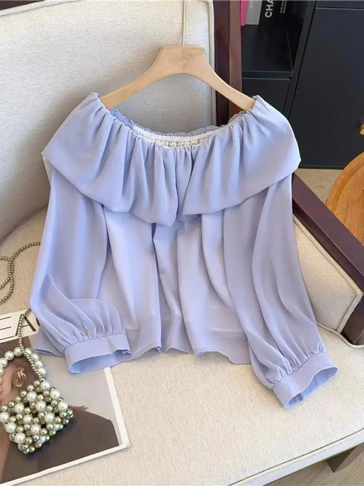 Spring Women White Off Shoulder Long Sleeve Blouse Retro French Blue Elegant Ruffle Edge Holiday Shirt Loose Short Top Versatile