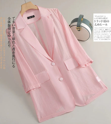 Korean Women Solid Temperament Single Breasted Seven Quarter Sleeve Blazer Coat 2025 Summer Office Lady Sun Protection Tops Chic