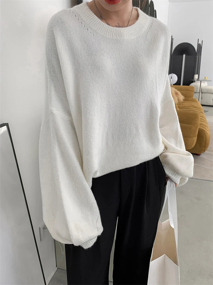 Blue Big Size Knitting Sweater Loose Fit Round Neck Lantern Sleeve Women Pullovers New Fashion Spring Autumn 2025 1DD6061